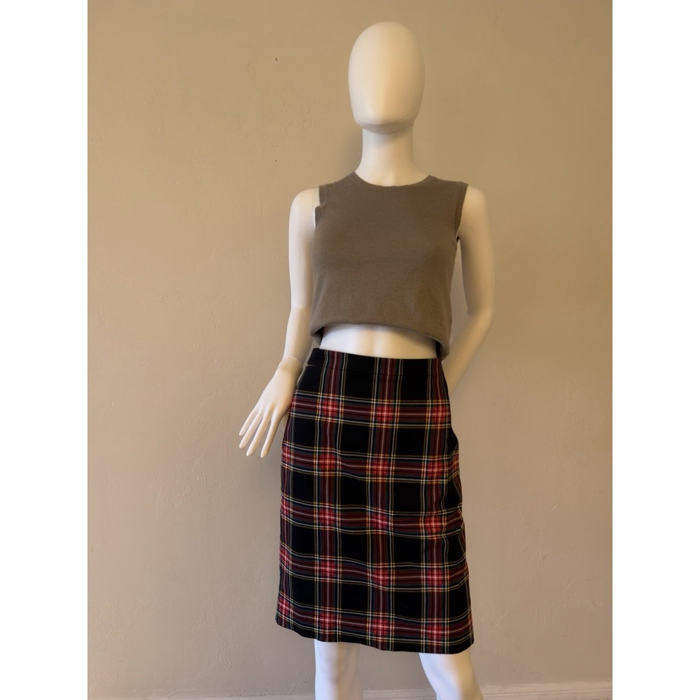J.CREW Plaid Knee Length Straight Skirt Black Red Yellow White Size 4 Lined